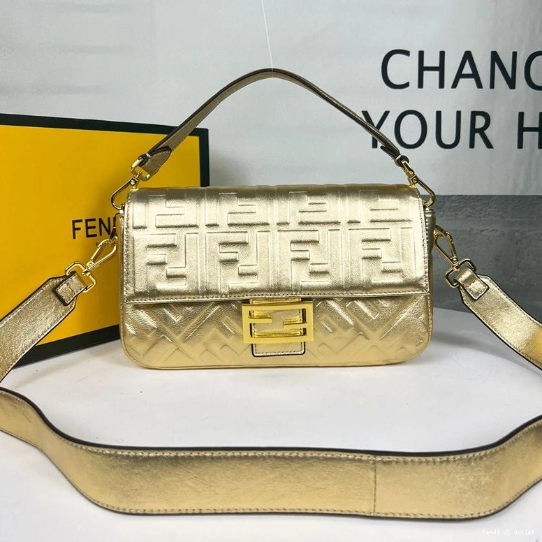 HOT In Nappa Medium Baguette Motif Leather Gold FF Bag Fendi 0708
